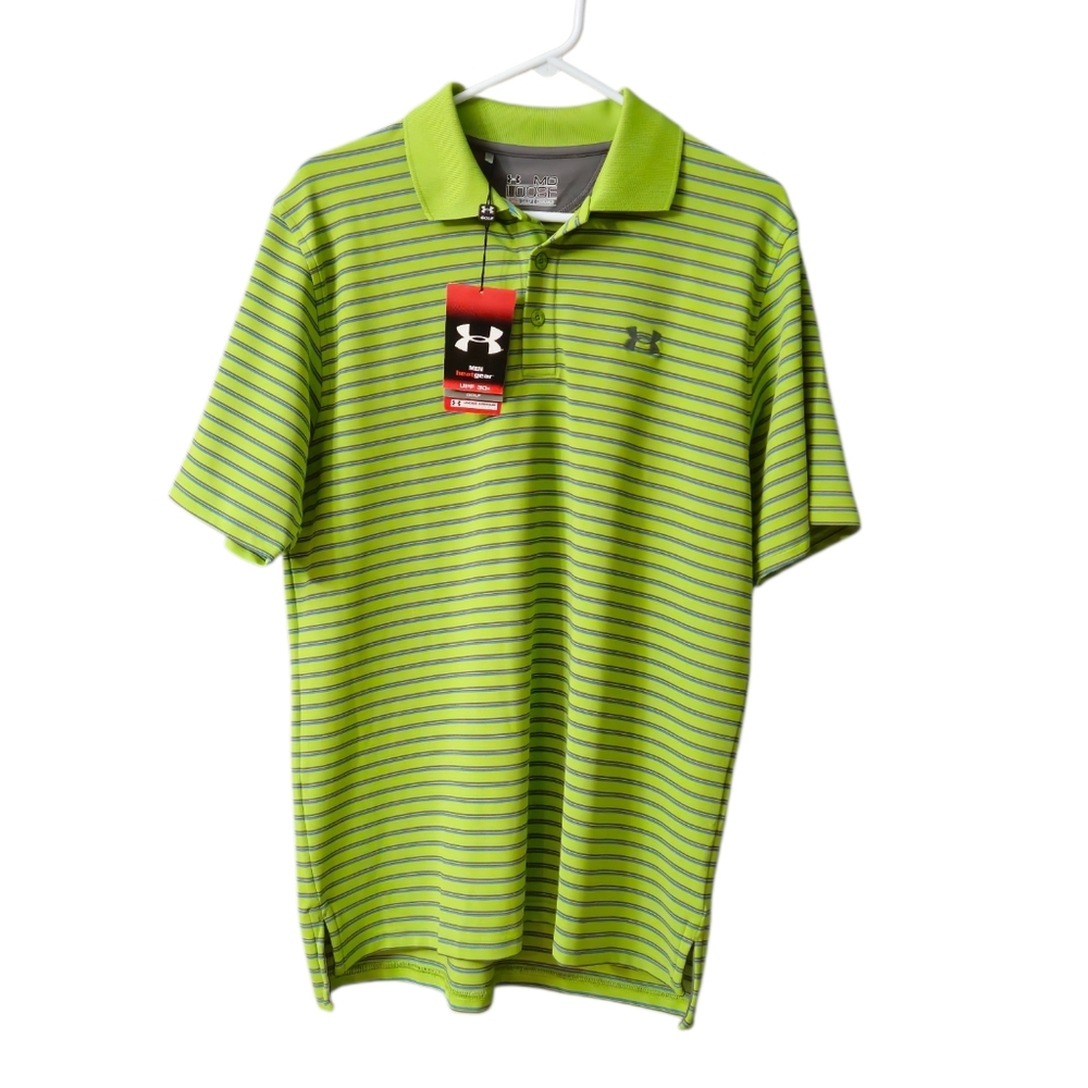 Under Armour Polo Shirt NEW Men's Medium Heat Gear Golf Green Stripe